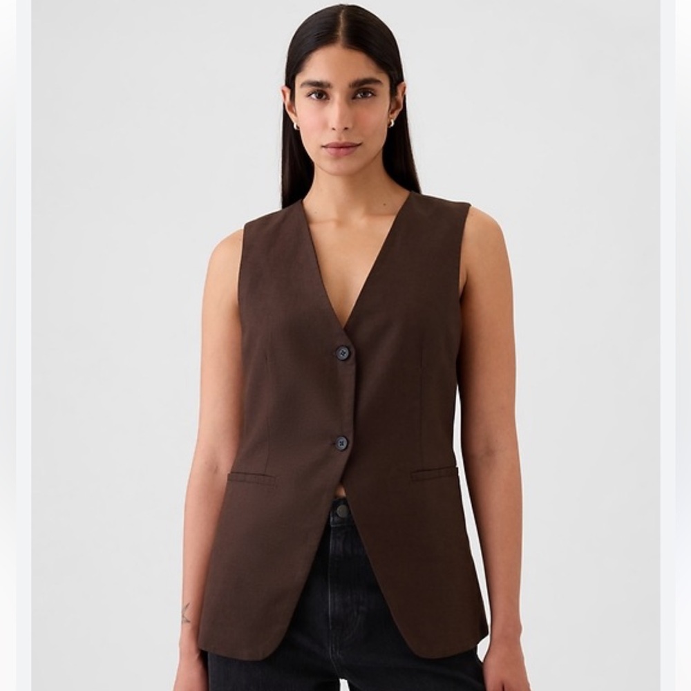 Gap linen cotton blend longline Brown Button-Up Vest NWT Sz L